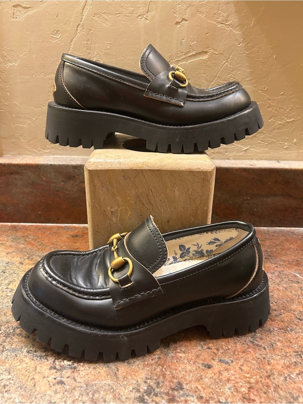 Gucci Chunky Black Leather Loafers with Gold Horsebit